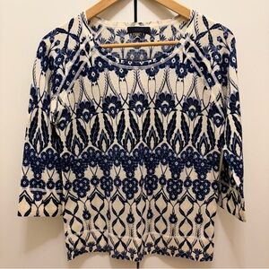 JCrew Wool Blend Blue and Cream 3/4 Sleeve Women's Sweater Knit Top